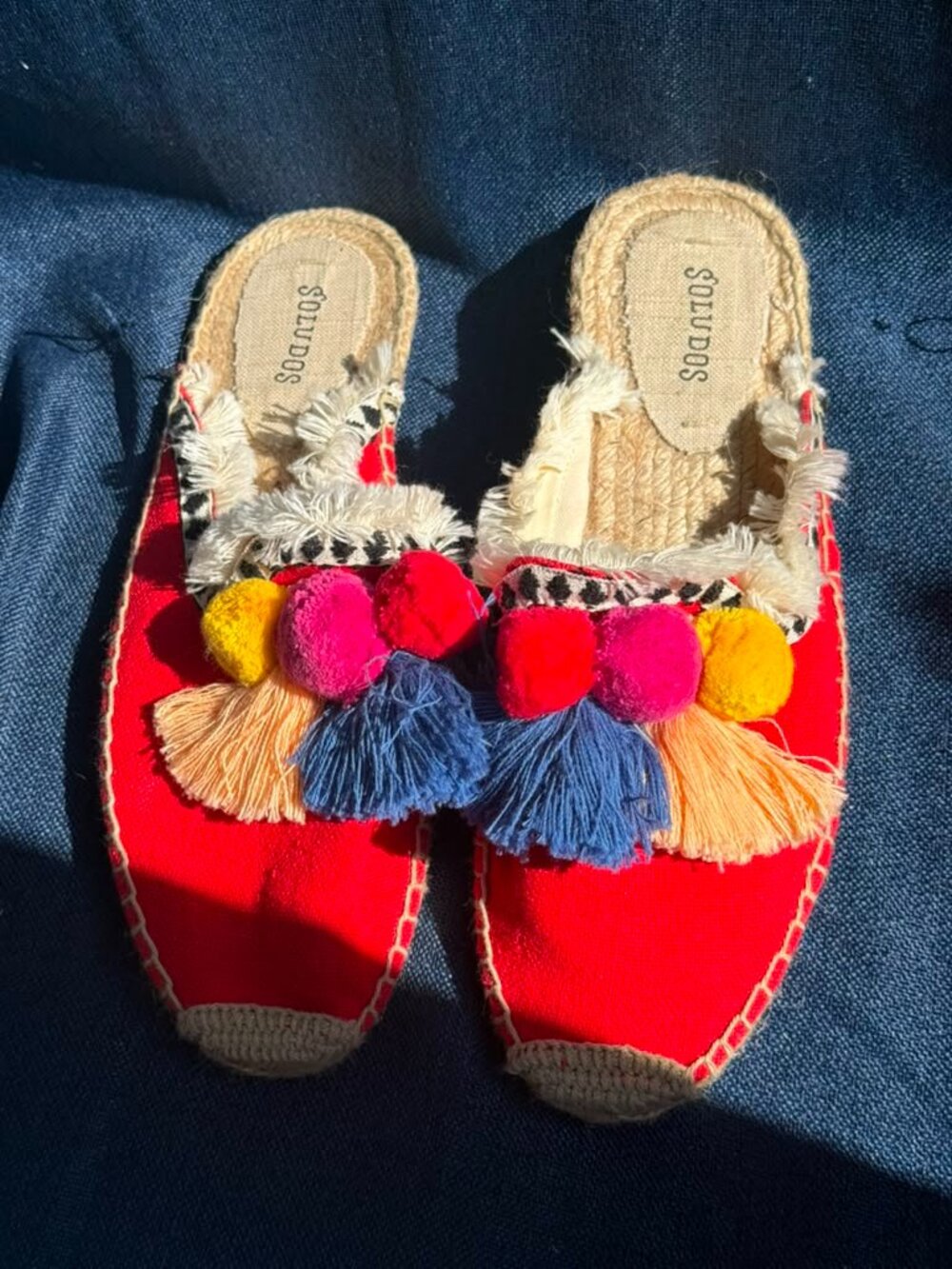 Soludos Pompom Espadrille Slides Red Canvas Boho Tassel Mule Flats Women 8.5